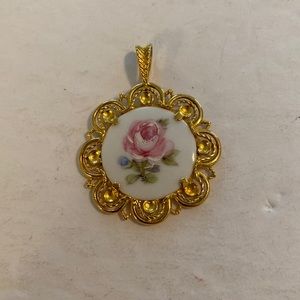 Vintage Porcelain Pendant Pink Rose Signed Royal Franconia